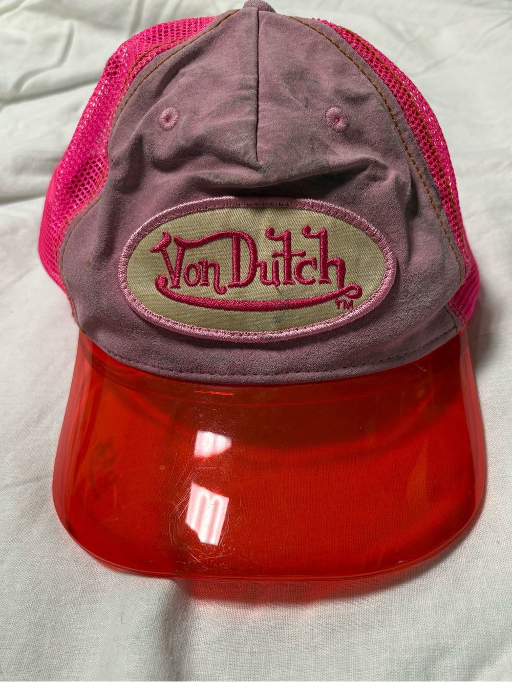 ✨ Rare Vintage Von Dutch Pink Suede Trucker Hat w/ Clear Neon Brim